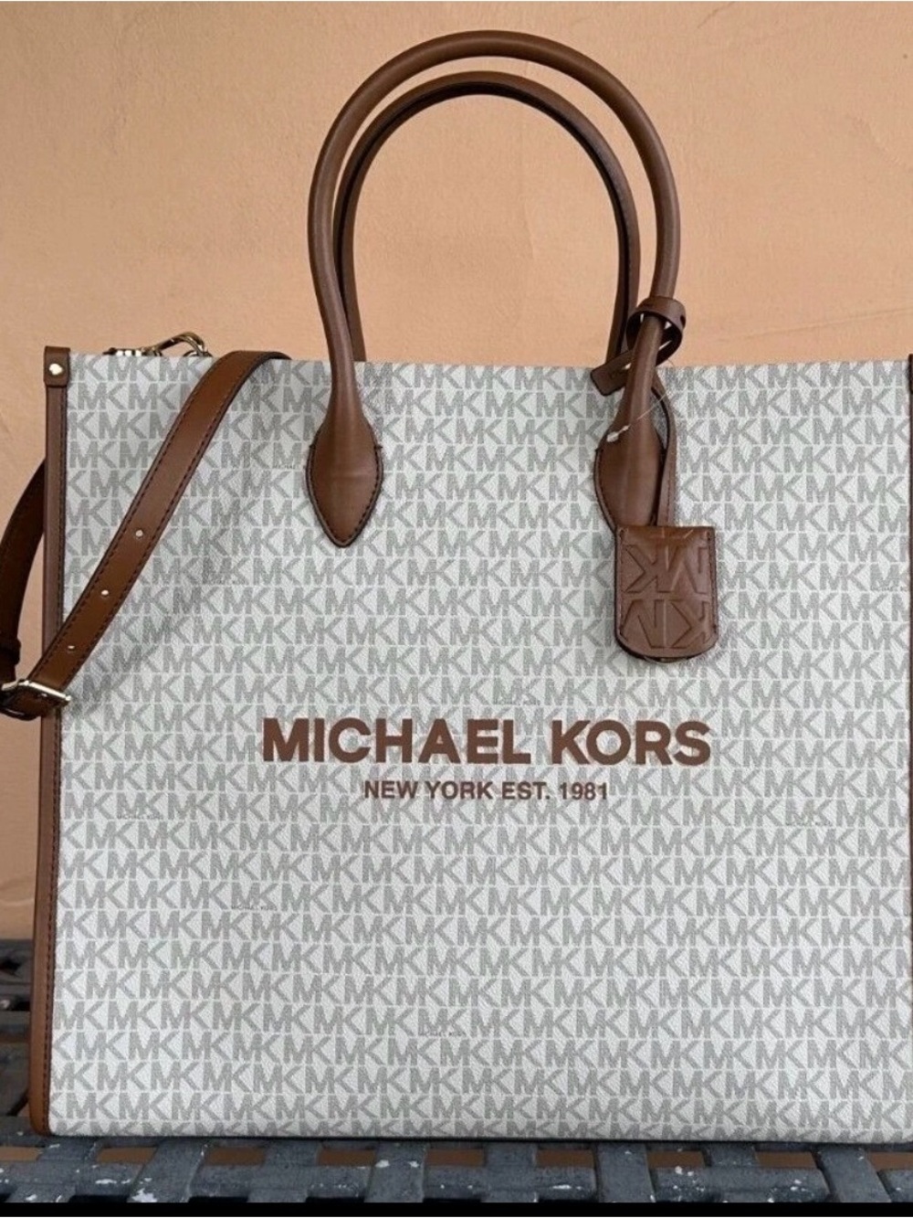 MICHAEL KORS Cream Logo Messenger Tote with Tan Leather Trim